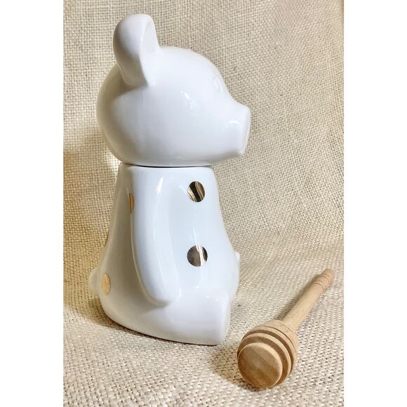 CIROA stoneware Hello Honey teddy bear gold polka dots honey pot jar w/ dipper - Picture 2 of 7